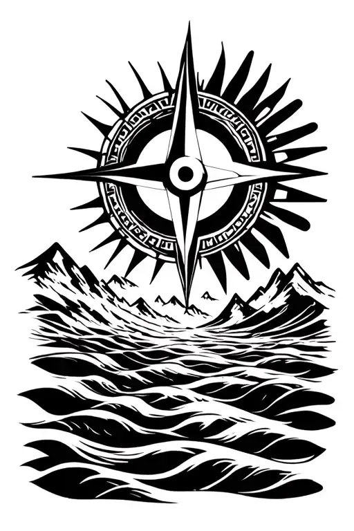 compass, mountains, water, sun, evil eye tattoo design idea