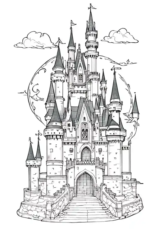 Disney castle in black lines tattoo design idea