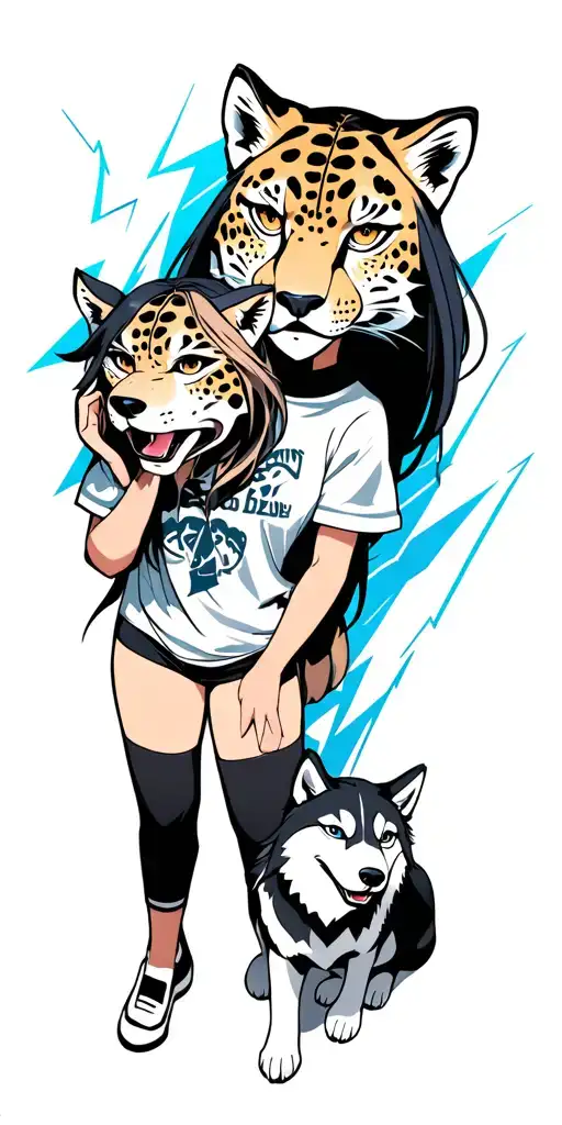 anime girl wearing a jaguars head next to a husky with lightning in the background tattoo design idea