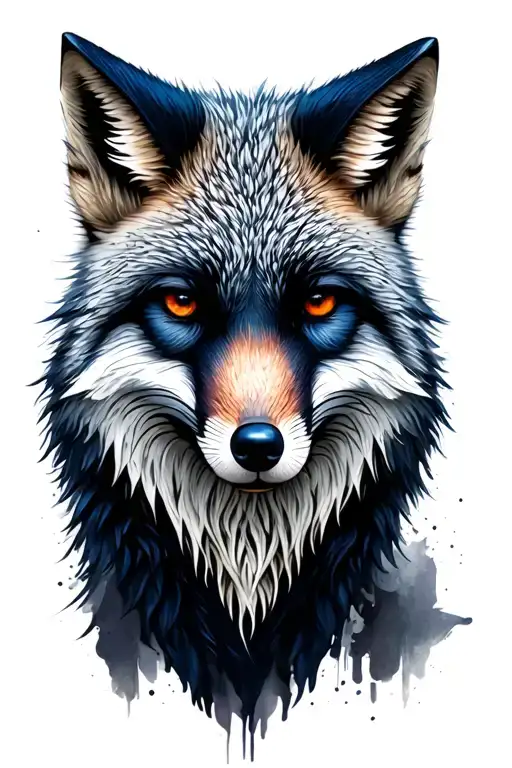 silver fox full body, raven wongd open behind the fox tattoo design idea