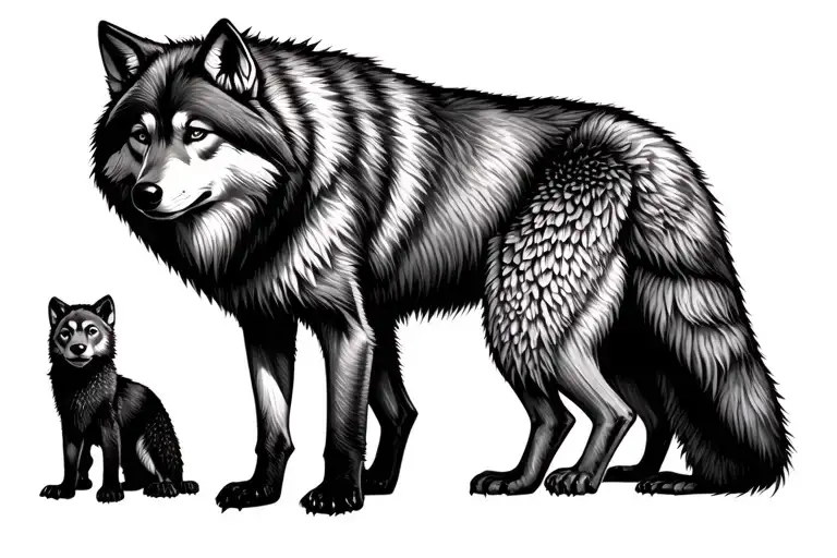 grandfather wolf with 3 female cubs tattoo design idea