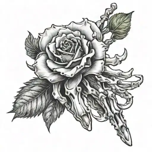 skeleton hand a rose LLD on the side of pointer finger  with scary font tattoo design idea
