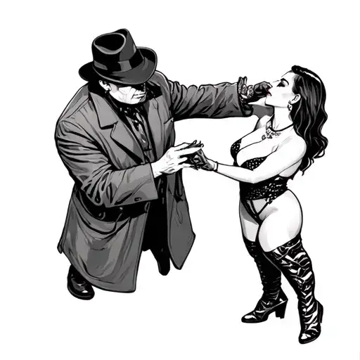 pimp coat slapping a prostitute tattoo design idea