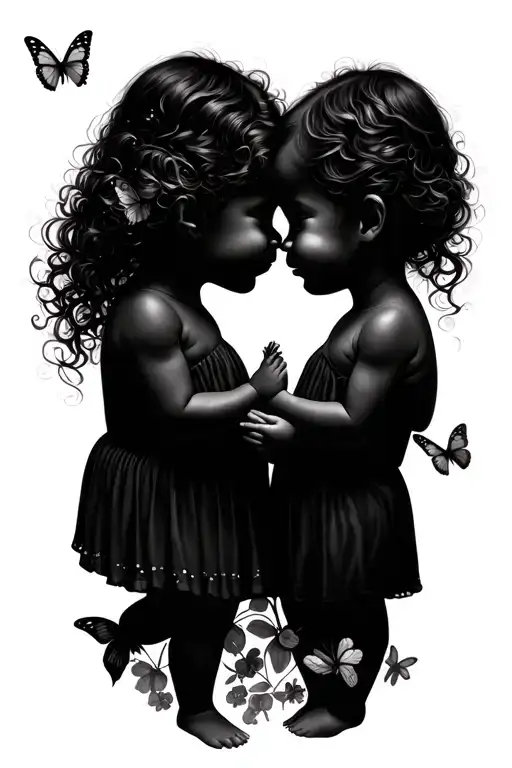 two little babies with their mom surounded by butterflies tattoo design idea