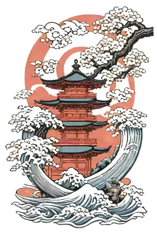 japanese wave, samari, cherry blosom tree, red sun, mnt fuji, shinto shrine  tattoo design idea