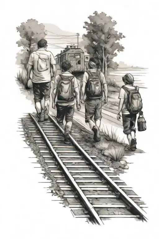 3 friends walking down train tracks tattoo design idea