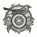 Bird on a tree with a runic compass in the background tattoo design idea