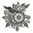 Bird on a tree with a runic compass in the background tattoo design idea
