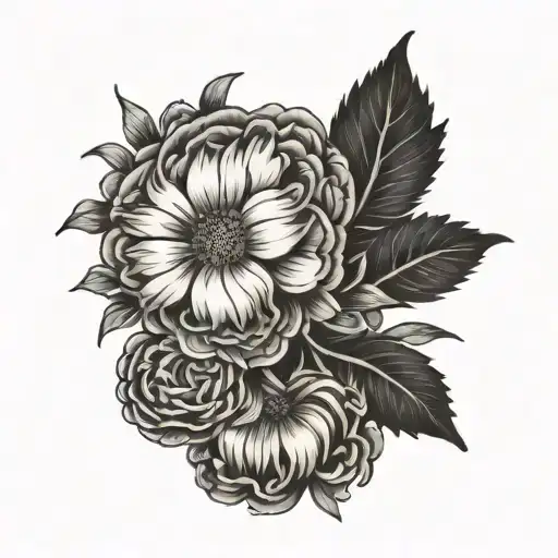 black and white marigold and aster flowers intertwined tattoo design idea