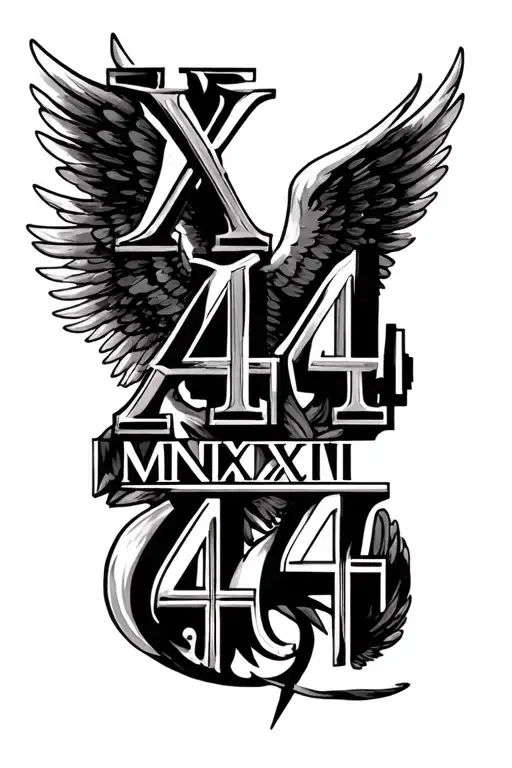 444 angel number stacked in a row with roman numeral X VII MMXXIV on the side of angel numbers tattoo design idea