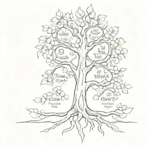 A tattoo design showcasing a family tree with the words 'mother, lover, daughter, sister', representing the client's roles and relationships tattoo design idea