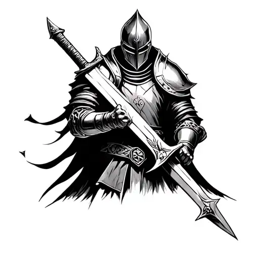 shaded knight holding a sword cyber sigilism tattoo design idea