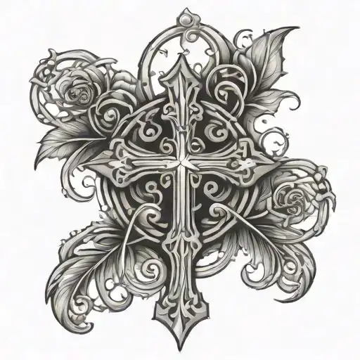 tattoo with cross and vines around it in black and grey tattoo design idea