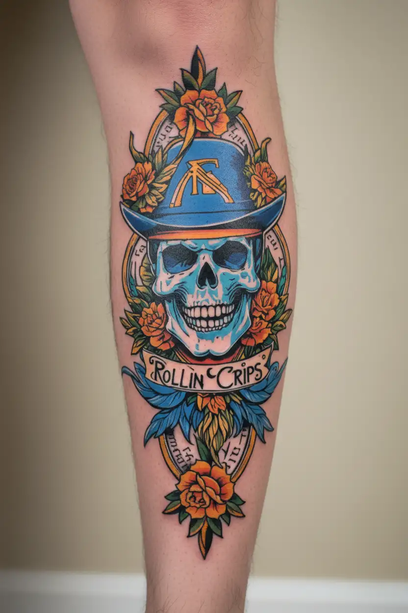 Gang name Rollin Crips main color is blue tattoo design idea