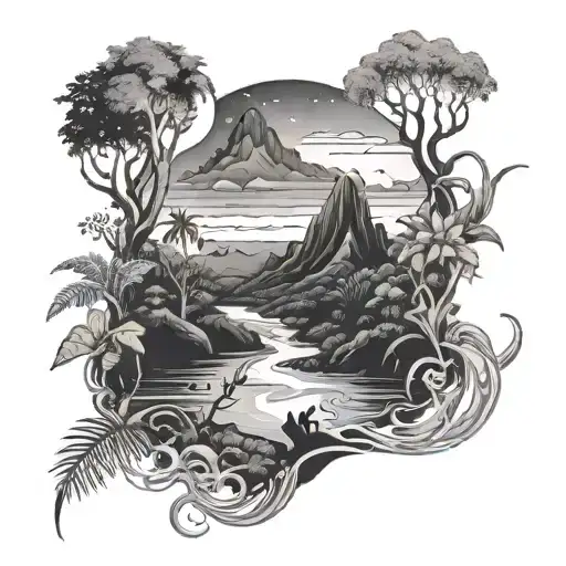 A mystical black and grey tattoo of the Rio Tapajós flowing through a lush jungle landscape, with a galaxy-filled sky above tattoo design idea