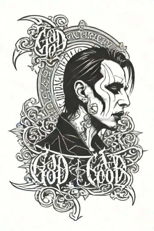 Marilyn Manson, gore, antichrist superstar, with goth text "GOD EAT GOD", black and gray  tattoo design idea