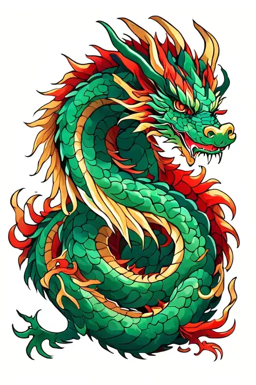 Dragon: A powerful dragon in vivid colors like emerald green, red, and gold, curled around the center of the back Yakuza tattoo design idea