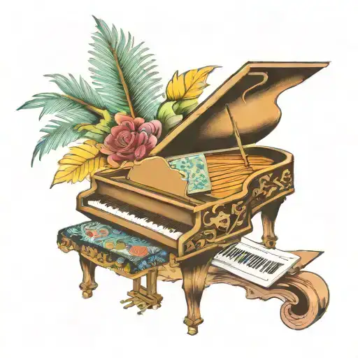 a traditional style tattoo with a grand piano standing inside a treasure chest surrounded by psychedelic color patterns  tattoo design idea