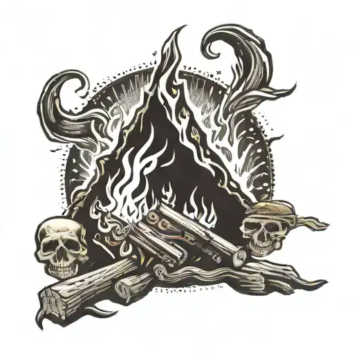 A dotwork tattoo of a campfire scene with the flames forming the number 777 and small hidden skull and cross symbols within the fire tattoo design idea