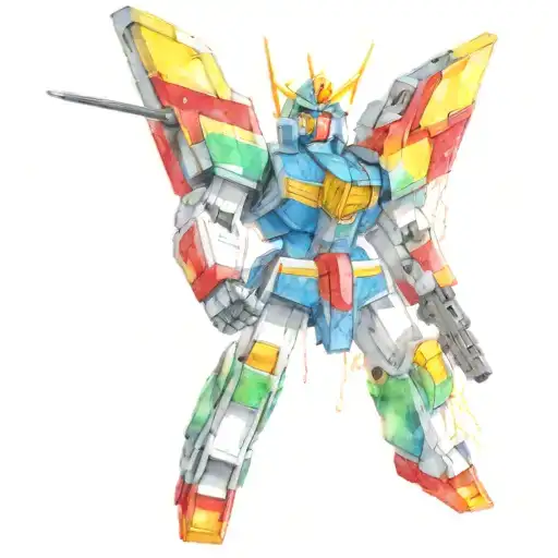 clourful gundam mech hanging from a vipline with  a gun tattoo design idea