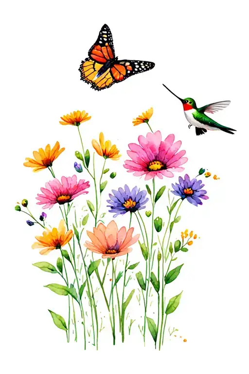a field of Wild flowers with a Butterfly, a hummingbird, and honey bee flying or feeding from the flowers  tattoo design idea