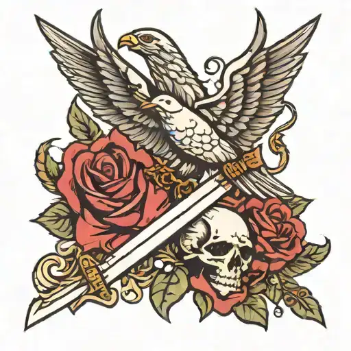 sword with roses around the blade. A dove carrying a rose on the left and an eagle carrying a skull on the right tattoo design idea