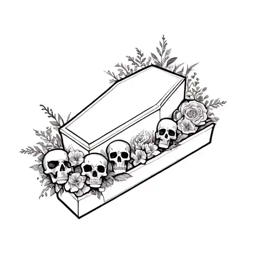 skulls and flowers surrounding coffin tattoo design idea