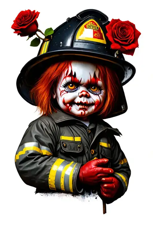 chucky with firefighter gear on with a dead rose in hand tattoo design idea