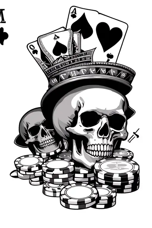 Casino gambling roulette, king of hearts and ace of hearts, chips, money themed tattoo with skulls, Puerto Rico flag tattoo design idea