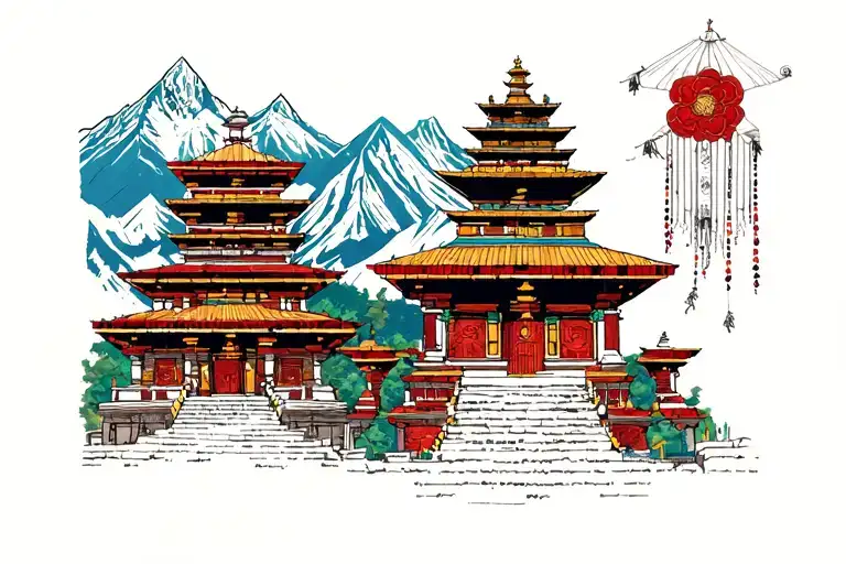 Mount everest nepali temple and nepali culture weaving elements like tattoo design idea