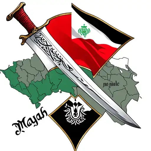 shia zulfiqar sword, with iraqi flag and iraqi geographical map, and my tribal name mayah, no people. tattoo design idea