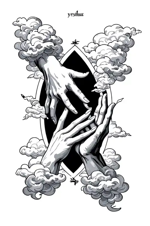 two hands reaching for each other surround by clouds with the word "yeshua" tattoo design idea