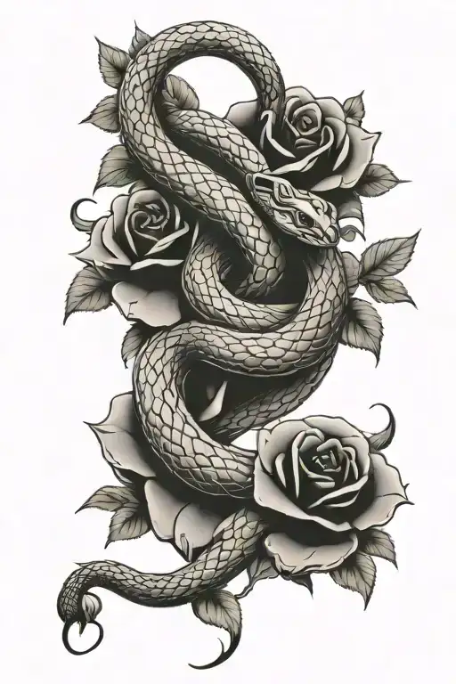 snake ans roses blooming tattoo design idea