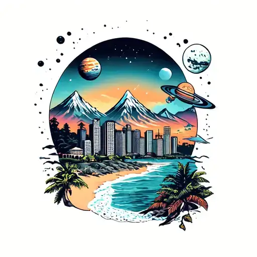 divided into 4 creatively, a theme of space, city, mountains and beach tattoo design idea