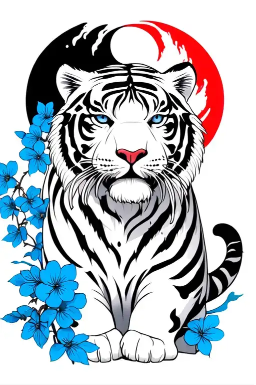 black and white tiger with blood moon and blue cherry blossoms tattoo design idea