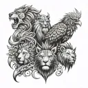 I wan a totem, five faces, an eagle, a lion, a crab a pinguin and a devil tattoo design idea