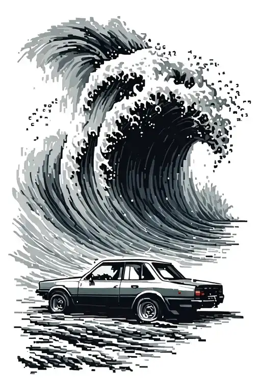 A pixel art style tattoo of a computer code snippet forming a wave crashing into a car silhouette tattoo design idea