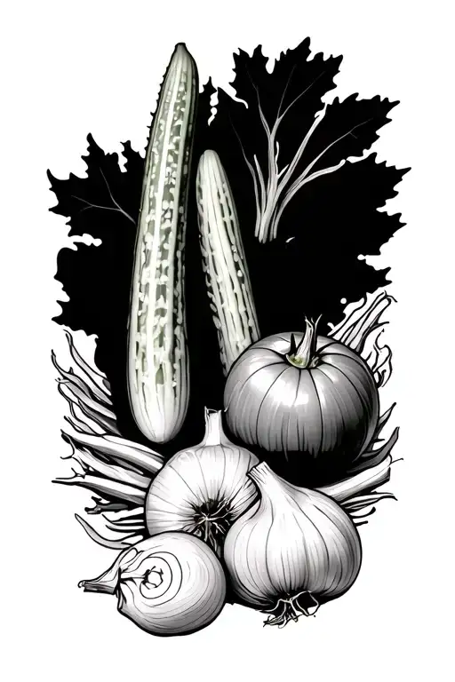 tomatoes, cucumbers, daikon raddish, napa cabbage, garlic, onion tattoo design idea
