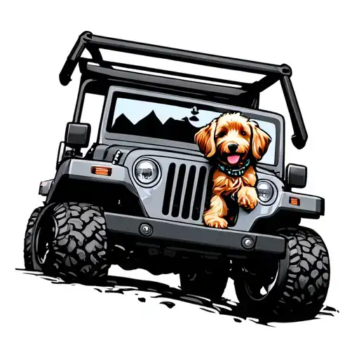 golden doodle with jeep cruising tattoo design idea