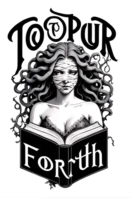 "To Pour Forth" bandaged, blinded Medusa holding her head while holding a book and vine. tattoo design idea