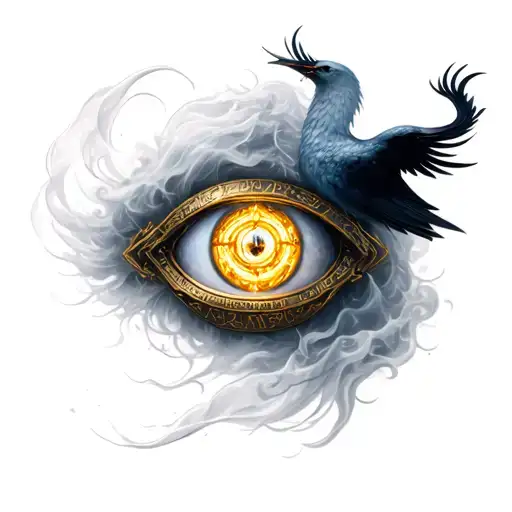 Odin’s single eye glowing as Huginn and Muninn circle above gold treasure, runes and faint Japanese waves in smoke tattoo design idea