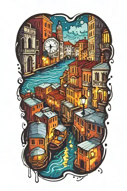 venice at night with bright lights tattoo design idea