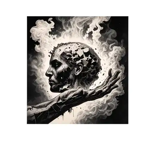 Black & grey sleeve. Crumbling head, smoke turns into hand creating reality. Decay vs. growth. ‘Thoughts Become Reality’ tattoo design idea