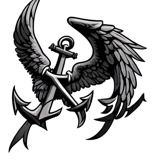 Archangel wings with anchor intertwined in tribal style tattoo design idea