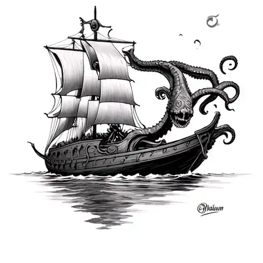 can you draw me a forearm tattoo of a viking long boat being attacked by a kraken tattoo design idea