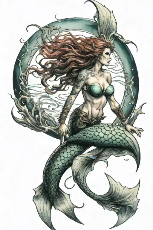mermaid warrior and ocean scene  tattoo design idea