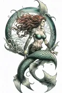 mermaid warrior and ocean scene  tattoo design idea