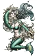 mermaid warrior and ocean scene  tattoo design idea