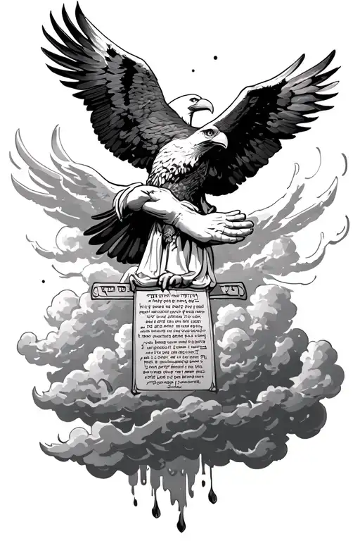 Ten Commandments being carried by an eagle, praying hands, clouds, bough by the blood of Jesus in Hebrew , calvery cross tattoo design idea