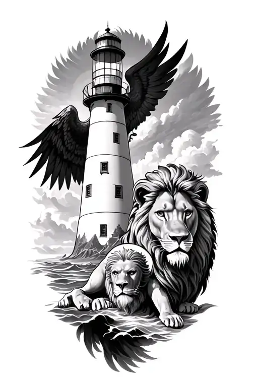 a lighthouse lion Phoenix and St Christopher correlated together in one tattoo tattoo design idea